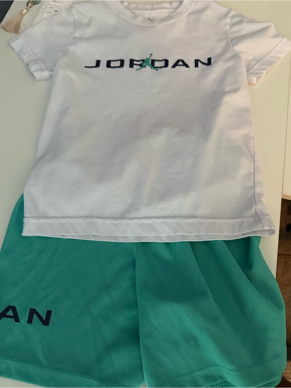 Jordan White Tee with Teal Jumpman Accent & Teal Shorts